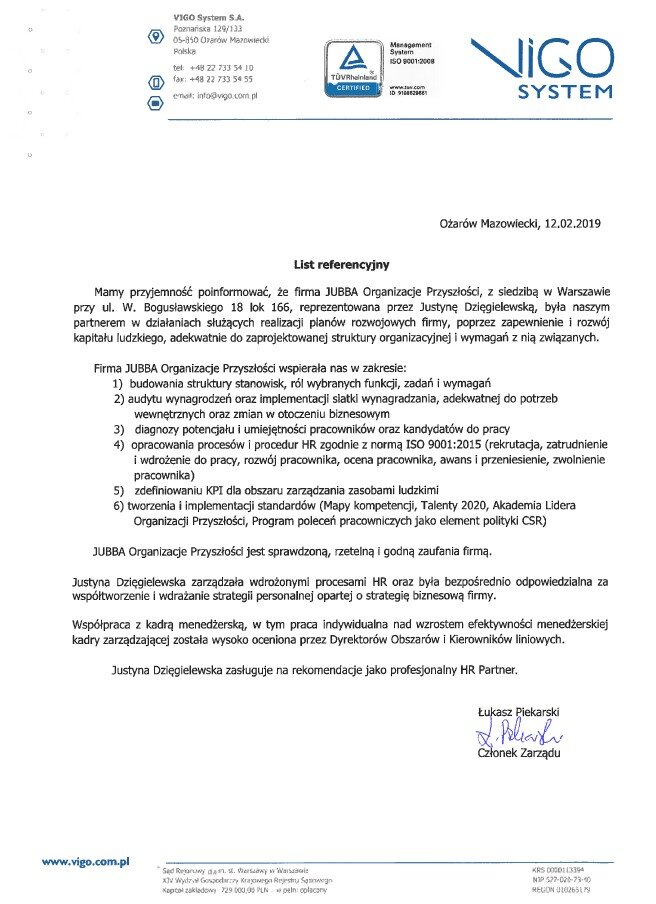 List referencyjny VIGO